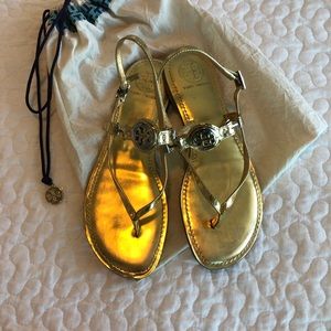 Tory Burch Gold Leather Ankle Strap Flat Sandal